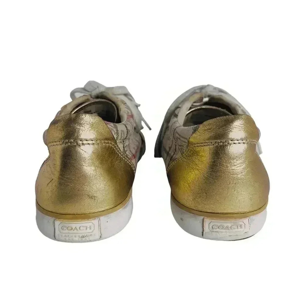 Coach Barrett Cream Multicolored Plaid Gold Leather Sneakers Canvas Size 9.5 - Picture 4 of 12